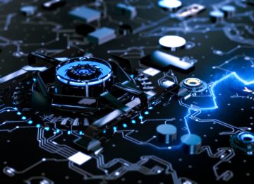 Futuristic style circuit board with illuminated processor sending electric pulses of information along the wires concept 3d render